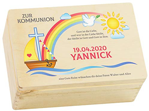 LAUBLUST Holzkiste zur Kommunion - Regenbogen Farbmotiv | Personalisiertes Kommunion-Geschenk, FSC® (Natur, ca. 30 x 20 x 14 cm | M)
