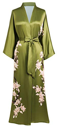 BABEYOND Dam morgonrock kimono blommor gren tryckt maxi lång damer badrock päronblommor strandjacka brud möhippefest sovrock, Grön, En Storlek