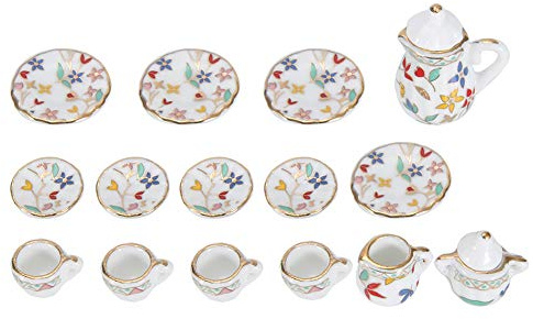 Yosoo Health Gear 15Pcs Tea Miniature, Beautiful Dollhouse Kitchen Miniature, Porcelain Verisimilitude for Living Room High Simulation for Home(Colorful floral)