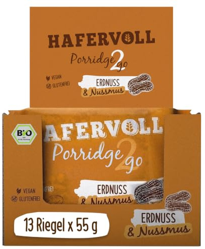 Hafervoll Porridge2go Erdnuss & Nussmus, 13 x 55g Riegel- Vegan, Bio, Glutenfrei, Naschen ohne Zusatz von Zucker, mit Hafer, Datteln und Quinoa-Pops