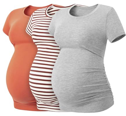 LAPASA Camiseta de Manga Corta para Premamá T-Shirt Embarazada Maternidad (Pack de 3) L55 L 1 Rojo Oscuro, 1 Rayas Rojas, 1 Gris Jaspeado