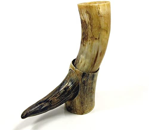 THE ANTIQUE HOUSE Real Natural Finish Drinking Ox Horn & Stand - 1 Pint Plus - Game of Thrones Mead Beer Water Mug