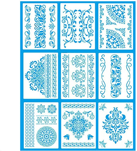 Pochoirs Pour Peinture,9 Feuilles Pochoirs de Peinture Plastique, Grandes Fleurs de Mandala Pochoir Dessin Peinture pour Planchers, Meubles, Fenêtres, Bois, Wall Decor(21 x 28 cm)