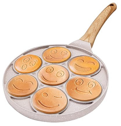 Bobikuke Smiley Face Pancake Pan - Nonstick 10 Inch Mini Pancake Maker with 7-Cup Mold, Silver Dollar Pancake Pan - White