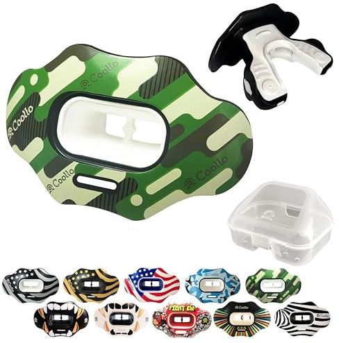 COOLLO SPORTS Lip Guard Mundschutz MAXX/Might Fußball und High Impact Sport Lippenschutz für Erwachsene und Jugendliche (Gurt im Lieferumfang enthalten) (Camo - Grün - (zwei Schichten), mit Etui
