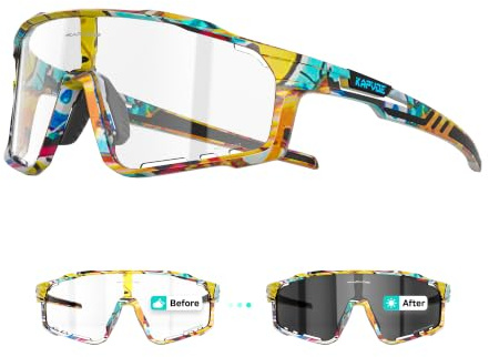 KAPVOE Selbsttönende Fahrradbrille Herren Damen K76 | Klar zu photochromatisch , UV400, Belüftung, 3-stufiges Nasenpad