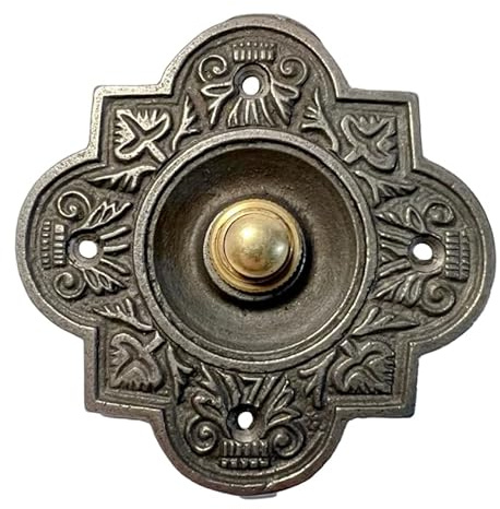 Gjutjärn traditionell quatrefoil-formad dörrklocka tryckknapp |10 cm x 10 cm | Tryckknapp i mässing med gjutjärnsurround | vintage stil dörrklocka tryck