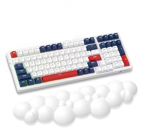 ATTACK SHARK K98 100 Teclas Teclado Mecánico para Juegos Intercambiable en Caliente, BT5.0/2.4G / Type C, 3000 mah, Iluminación RGB Programable, Interruptor Rojo, Reposamuñecas de Nube Blanca