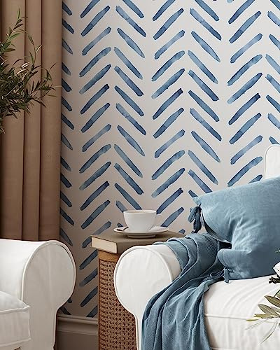 Coloritto Blue Herringbone Peel and Stick Wallpaper | Removable Blue Mural | Watercolor Navy Self Adhesive Wallpaper (Sample 12 W x 8 H)