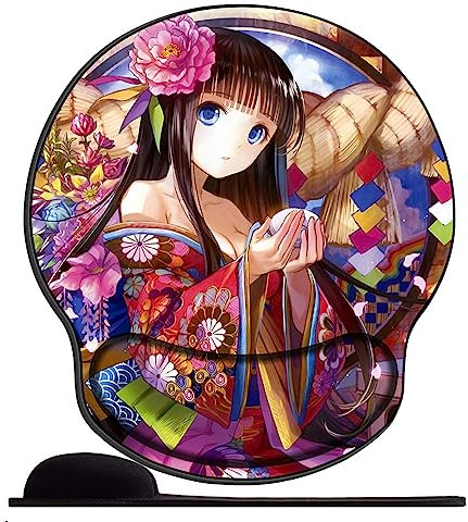 Tapis de Souris avec Repose Poignet Kimono Japonais Fleurs Manga Fille Ergonomique Repose Poignet Gel avec Gel Antidérapant à Base de PU Tapis Souris Ergonomique Support Souris pour Bureau