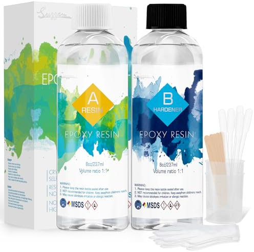 Epoxidharz Set 474ml/16oz Epoxidharz mit Härter 1: 1 Verhältnis Glasklar Gießharz mit Handschuh, Messbecher, Holzstäbchen, Pipetten Harz Gießen Set für Holz, Schmuckherstellung