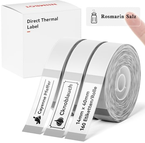 NIIMBOT Thermo Etiketten Selbstklebend, 14 x 40mm Etikettendrucker Thermopapier Kompatibel mit dem D110 D11 D101 Etikettendrucker, 160 Etiketten/Rolle (3-Rollen-Pack, Transparent)