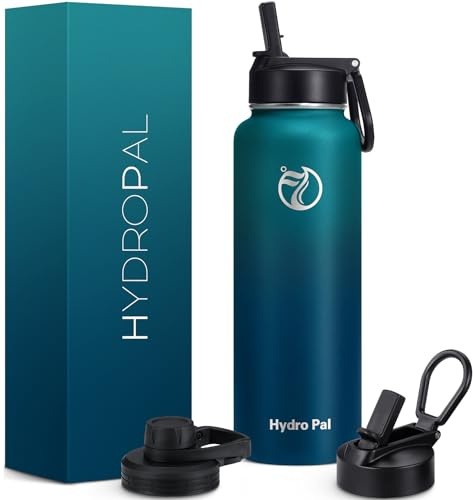 HydroPal 1,2L Edelstahl Isolierflasche,Trinkflasche mit Strohhalm 2 Deckel | BPA-frei, 24h kalt & 12h heiß Vakuumflasche, auslaufsicher Wasserflasche, Stroh- und Ausgussdeckel Sportflasche für Alltag