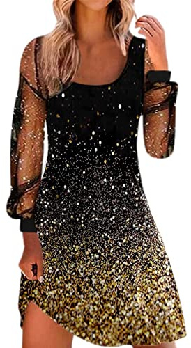 Silvester Kleid Damen Glitzer Große Größen Vintage Festliche Abendkleider Silvesterkleid Langarm Pailletten Partykleid Glitzerkleid Winter Cocktail Pailettenkleider Cocktailkleid Party Tanzkleid