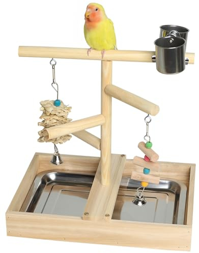 Bird Playground, Natural Wood Bird Play Stand with Stand Perch, Two Toys, Two Food Cups, and Removable Tray, Suitable for Lovebirds, Cockatiels, Budgies, Parakeets, and Other Small Birds