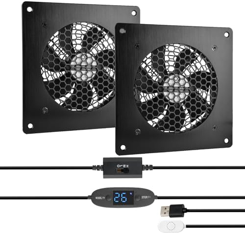 euroharry USB-fläkt med digital display, temperaturkontroller, tyst fläktsystem, 5 V, med modern borstad svart aluminiumram, perfekt för hemmabio och som elektronikskåpfläkt (2 stycken)