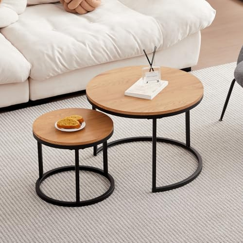 JZGORC 2er Set Zweiteiliges Couchtisch, Stapelbarer runder Beistelltisch für Wohnzimmer, Lackierte Metallbeine, Geeignet für Wohnzimmer, Café, Schlafzimmer (60 * 45 cm und 40 * 35 cm) – Hellbraun