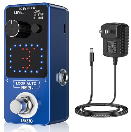 LEKATO Pedale Looper per chitarra, con adattatore di alimentazione per pedale Looper da 9 V 0,6 A, effetto loop con funzione di sincronizzazione e sintonizzatore, pedale Looper per chitarra elettrica