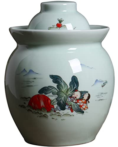 Chinese Jingdezhen Ceramics Kimchi Fermentation Jar with Water Seal Double Lid and Art Deco Painted Radish Pattern Household Pickle Jar for Thickened Storage (1.5kg Color: A)