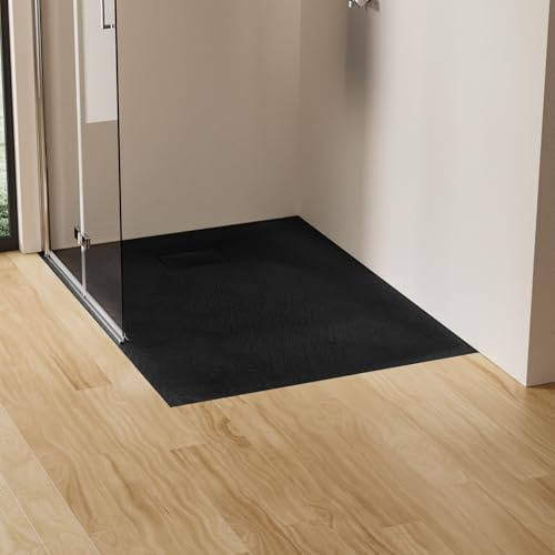 EMKE Duschwanne 120x90 cm Duschtasse Flach SMC Rutschfeste Brausewanne Schwarz Höhe 2.6 cm Steinoptik Duschwannen Ablaufgarnitur 90 mm