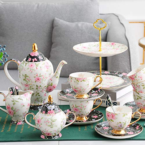 Juego de tazas de café de porcelana, estilo rústico antiguo con tetera, tarro de leche, azucarero, 15 piezas para té de la tarde