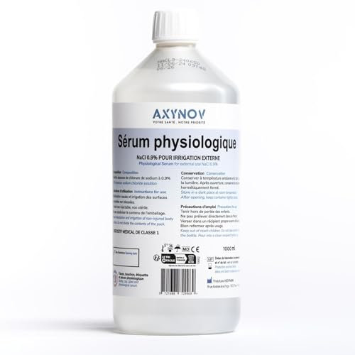 NaCl 0,9% 1L Suero fisiológico – Solución salina fisiológica isotónica, para lavado nasal bebé y adulto, limpieza de nariz y heridas para irrigador nasal -Suero fisiológico 1L en botella AXYNOV