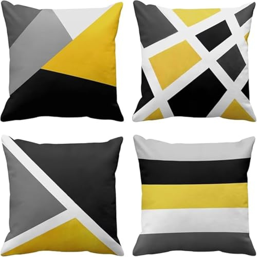 Kissenbezüge 4er Set 45x45cm Dekorative Kissenhülle, Leinen Zierkissenbezüge mit unsichtbarem Reißverschluss, Weich Kissen Bezug Zierkissen für Sofa Zuhause Dekor, Gelbe und Schwarze Geometrie SD3225