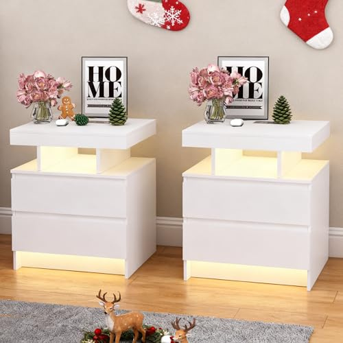 Vlsrka LED Mesita de noche pack 2 con base de carga, Moderna mesita de noche con 3 colores de luz, Mesitas de noches inteligente con enchufe, Mesitas de noches madera con 2 cajones, Dormitorio, Blanco