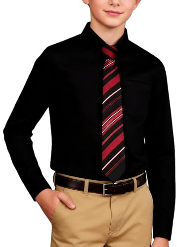 mintgreen Camisas escolares para niños de algodón sólido de manga larga con corbata, 7-14 años, Negro, 7-8 Years