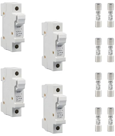 HSUYUN 4 Stück Photovoltaik-Sicherungshalter, RT28N-32 1P PV Sicherungshalter, Weiße Photovoltaik-Sicherungshalter Hutschiene, mit 8 Sicherungen – Geeignet für Industrie- und Haushaltsgeräte