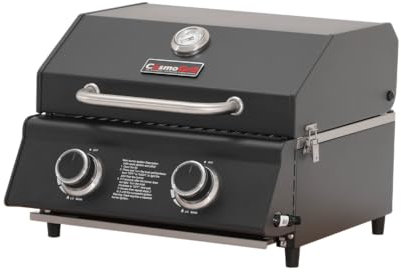 CosmoGrill Compact Black 2 Burner Gas Barbecue, Built-in Temperature Gauge for Patio Terrace, Camping, Home Garden Party Outdoor BBQ Table Top Cooking