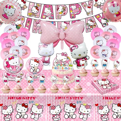 Wirhaut Pappteller 90 Stück Kity Geburtstagsdeko Mädchen Junge Deko, Thema Kindergeburtstag Luftballons Decoration, Katze Partygeschirr Deko Set mit Folienballons Banner Teller Tortendeko für Kinder