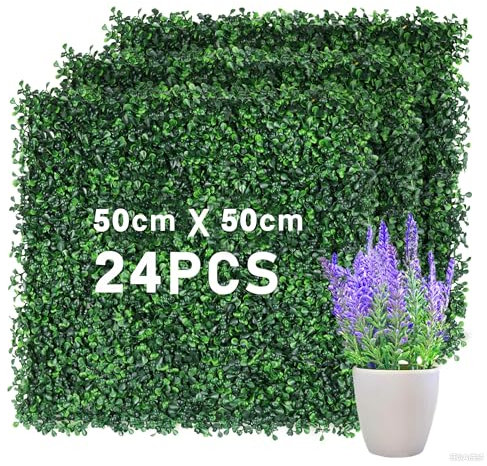 Ptsuker 24 PCS Artificial Leaves Hedge Panels Hedge Wall Panels Artificial Grass Backdrop Wall 50 X 50cm Green Grass Wall for Decor Privacy Fence Indoor Outdoor Garden