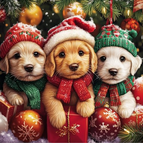 DOMROM Diamond Painting, Welpe Weihnachten Hunde Diamond Painting Erwachsene Kinder Diamond Painting Set, Diamant Malerei Kit Diamond Art Erwachsene für Home Wand Dekor 30x30cm