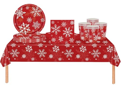 53Pcs Christmas Party Tableware Set for Table Decor,Red Christmas Snow 137x274cm Large Plastic Tablecloth Red Xmas Party Paper Plates Cups Napkins Dinnerware Set for Xmas Favor Tableware