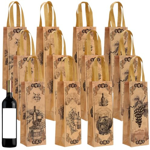 12 Stück Flaschentüten Für Weihnachten,Weihnachten Wein Geschenktüte,Weihnachtliche Kraftpapier-Geschenktüten Für Weinflaschen,Flaschentüten Für Einzelne Wein Mit Griffen,Für Wein Whisky (Stil-F)