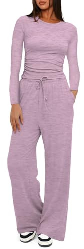 Dam tvådelad höst vardaglig sportkläder, rund hals veckad långärmad breda ben byxor hem kostym, Rosa, XL