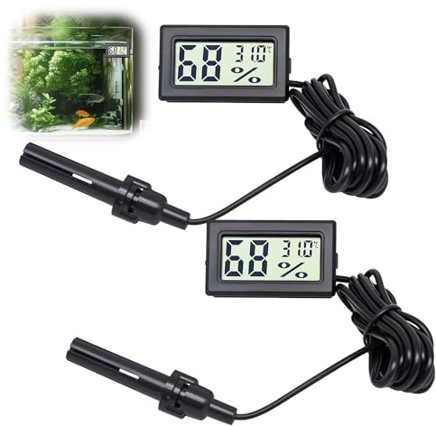 2 Pack Digital Thermometer Hygrometer, Mini LCD Temperature Humidity Gauge with 1.5m Probe for Reptile Tank Terrarium Incubator Aquarium Vivarium Greenhouse Guitar Case Office Home Accurate Readings