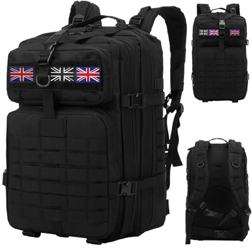 HANWELL 45L Military Tactical Backpack with 3 Flag Patches, Day Bug Out Bag | Heavy Duty Molle Rucksack for Men and Women, Waterproof Army Assault Pack for Trekking Hiking Travel Camping Hunting Sport
