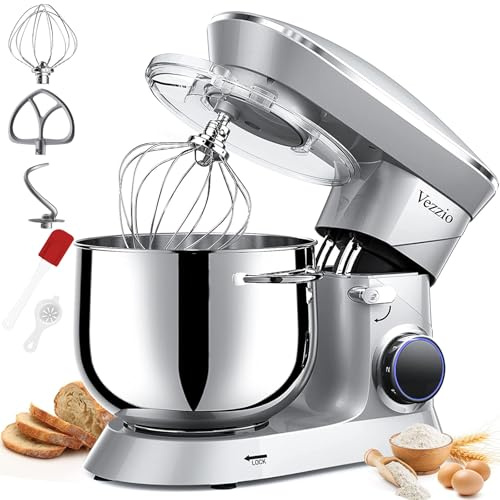 Vezzio Küchenmaschine, 8,5 l Backteig-Mixer, 10-stufige Teigmaschine, mit Rührhaken, Knethaken, Schneebesen und Spritzschutz (Silver)