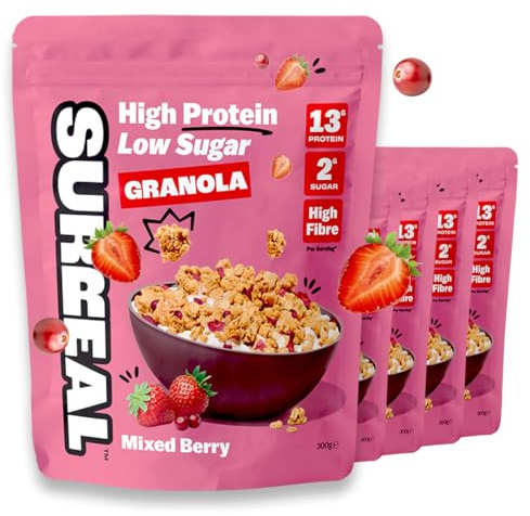 Surreal High Protein Low Sugar Granola - 13g Protein Vegan Snack or Breakfast Cereal - High Fibre, Plant-Based Granola Clusters 300 g (5 Packs, Mixed Berry)