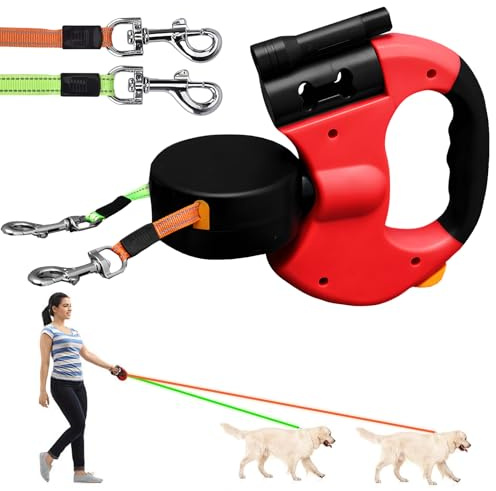 Correa retráctil para perros, 300 cm, correa para perros de doble cabezal, correa giratoria de 360°, correa retráctil y antideslizante, para perros pequeños y medianos (rojo)