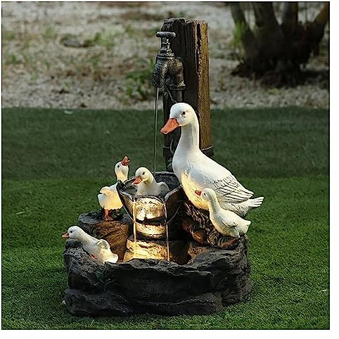 Solar Powered Water Feature Fountain - Outdoor Squirrel and Duck Garden Sculpture for Waterscape Decoration
