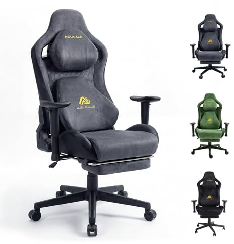 Asukale Gaming Stuhl | Ergonomischer Bürostuhl mit Fußstütze, Kopfstütze, 90-155° Rückenlehne, Wildlederimitat