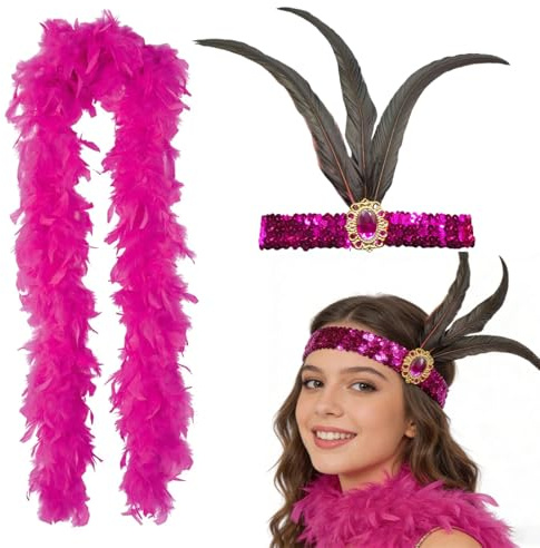 LuLiyLdJ 1920 Kostüm Damen Zubehör Set mit Federstirnband,Federboa Pink 20er Jahre,20s Kostüm Damen,Flauschige Federboa,Damen Natural Feather Gothic Feder,für Hochzeit Ankleiden Party,Karneval