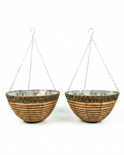 Growers Own Belvoir 12 Inch Round Hanging Planter Baskets - Set of 2 Decorative Outdoor Hanging Flower Baskets. Made From Durable Plastic Rattan. Ideal for Flowers, Cascading Vines & Trailing Plants