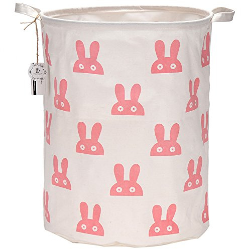 Sea Team 19,7 Zoll große Größe wasserdichte Beschichtung Ramie Cotton Fabric Folding Wäschekorb Eimer Zylindrischer Sackleinen Leinwand Aufbewahrungskorb mit stilvollem Pink Bunny Design
