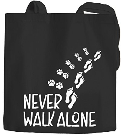 MoonWorks Jutebeutel Never walk alone Hund Pfoten Hundepfoten Pfotenabdrücke Hundebesitzer Baumwolltasche Stoffbeutel Tragetasche schwarz 2 lange Henkel
