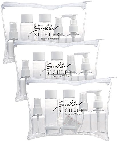 Sichler Beauty Handgepäck Flüssigkeiten: 3er-Set Reise-Reißverschlusstaschen, 21 Behälter für Flug-Handgepäck (Kulturtaschen durchsichtig, Kulturtaschen transparent)