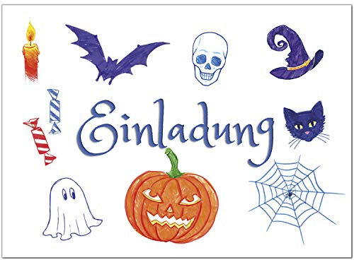 8 Halloween Einladungen mit Umschlägen - Gezeichnete gruselige Objekte - Tolle Einladungskarten für die Halloween-Party für Kinder und Erwachsene